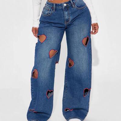 Women Heart Shaped Ripped Leg Jeans Pants Casual Streetwear