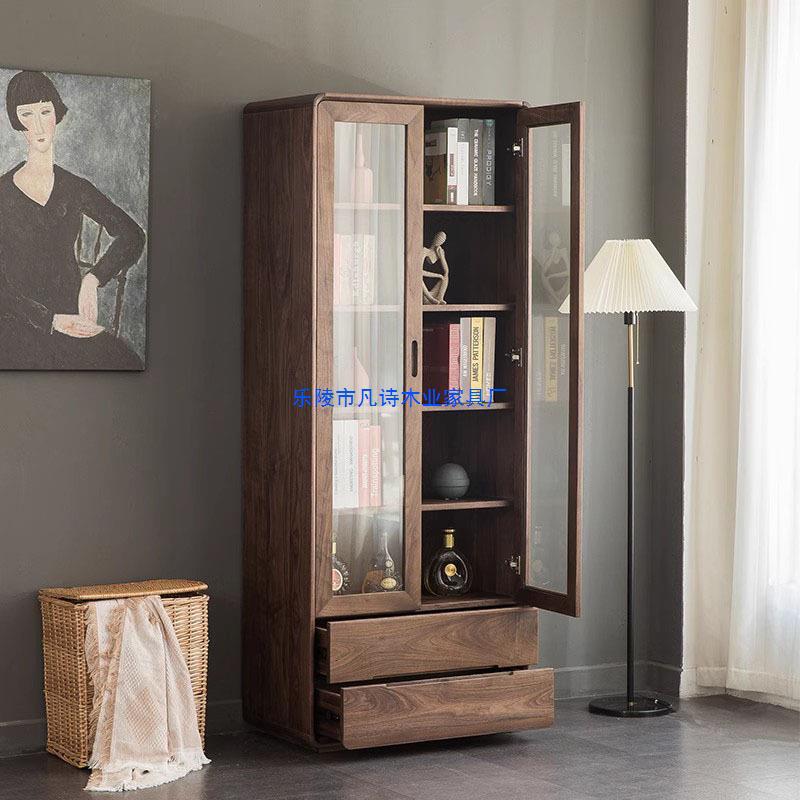 北美黑胡桃木现代简约实木书柜带玻璃门落地书架组合靠墙家用柜子