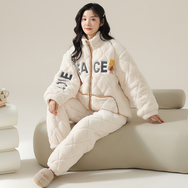 女款夹棉双长两件套睡衣冬季立领拉链加厚保暖可外穿家居服带口袋