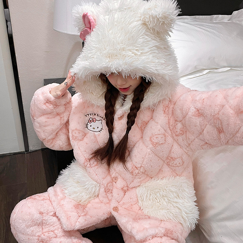 女款夹棉双长两件套睡衣冬季立领拉链加厚保暖可外穿家居服带口袋