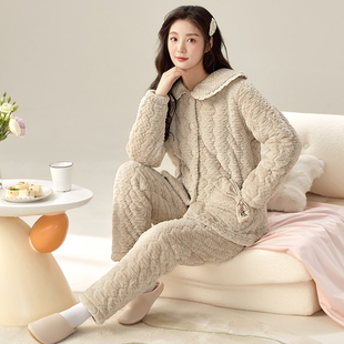 冬季貂毛花绒三层夹棉加厚保暖甜美翻领珊瑚绒夹棉袍套睡衣可外穿