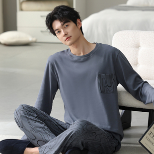 套头式男士睡衣长袖纯棉春秋季大码青少年男款四季通用家居服套装