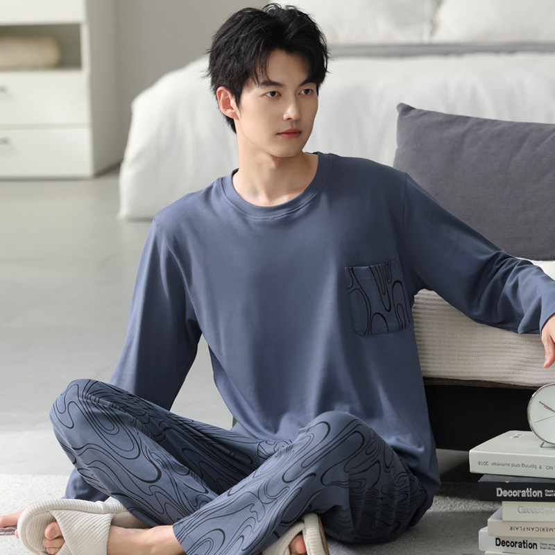 男士休闲睡衣长袖纯棉春秋季大码青少年男款四季通用家居服套装