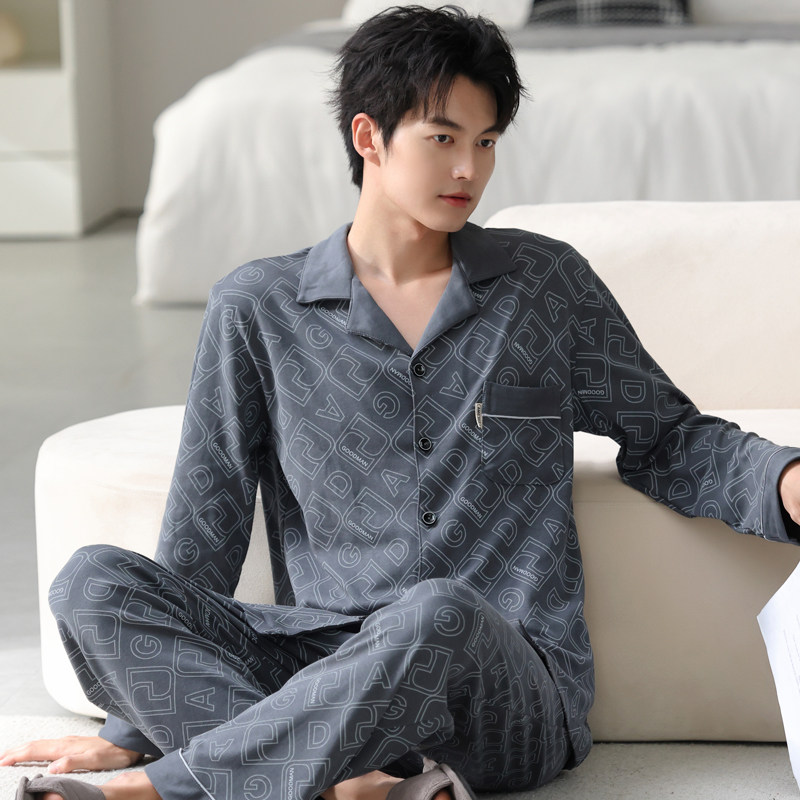 日韩风男士睡衣长袖纯棉春秋季大码青少年男款四季通用家居服套装