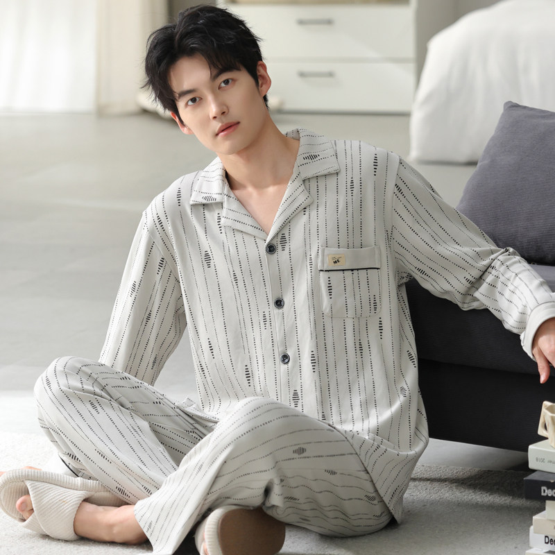 开衫式男士睡衣长袖纯棉春秋季大码青少年男款四季通用家居服套装