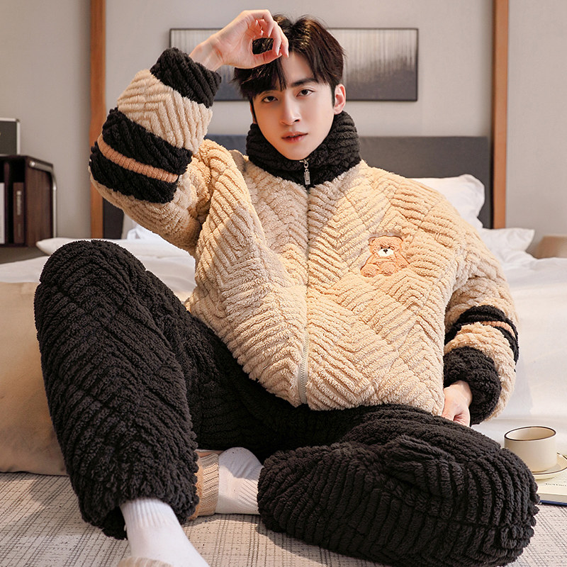 睡衣男士冬季三层加厚夹棉拉链套装简约学生宽松大码家居服