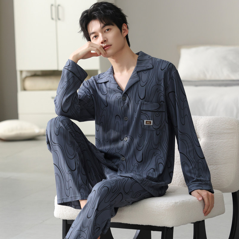 日韩风男士睡衣长袖纯棉春秋季大码青少年男款四季通用家居服套装