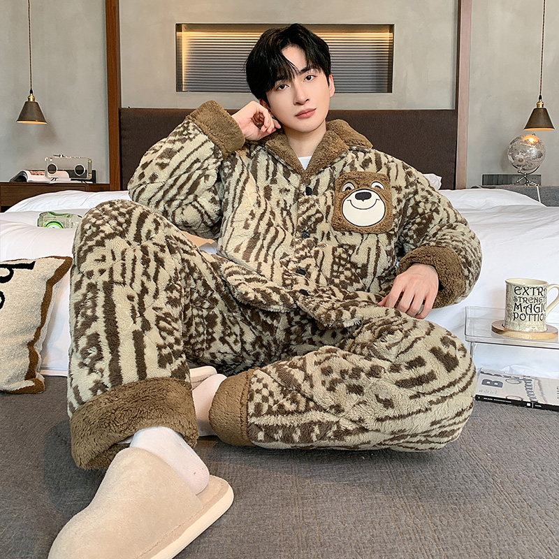 冬季男款睡衣印花翻领三层夹棉加绒加厚保暖家居服套装可外穿套装