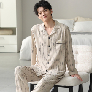 男士开衫式睡衣长袖纯棉春秋季大码青少年男款四季通用家居服套装