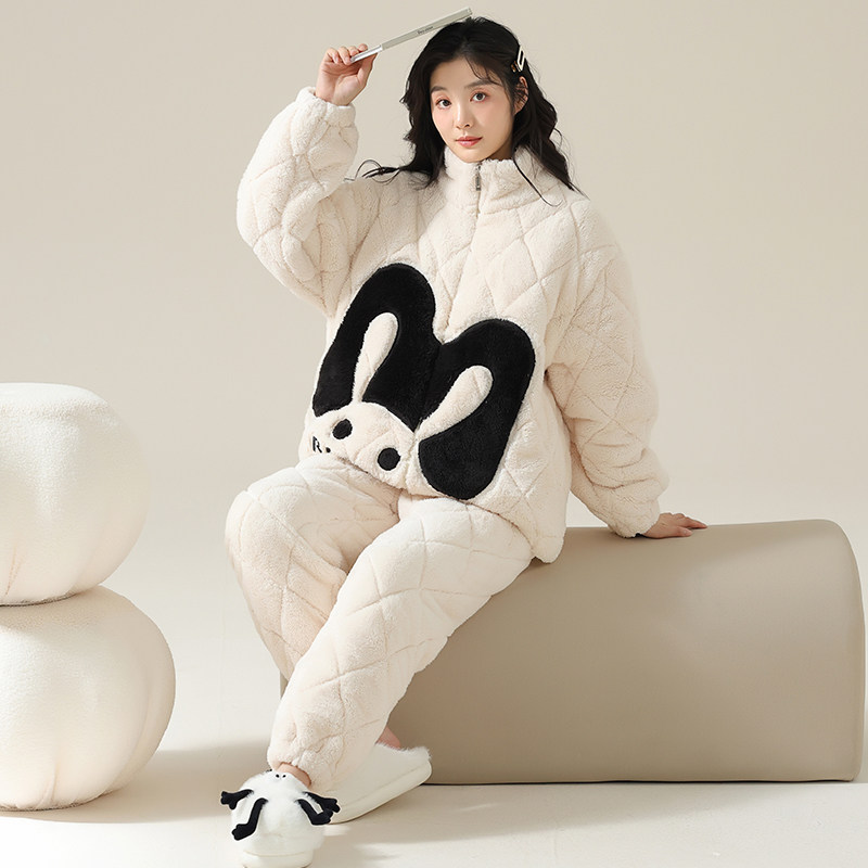 女款夹棉双长两件套睡衣冬季立领拉链加厚保暖可外穿家居服带口袋