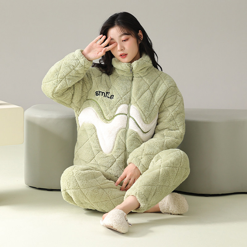 女款夹棉双长两件套睡衣冬季立领拉链加厚保暖可外穿家居服带口袋