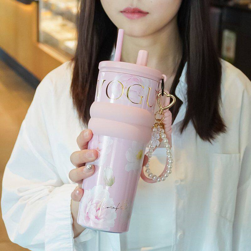 繁花爆款保温杯大容量女士高颜值2025新款陶瓷内胆带吸管喝水杯子