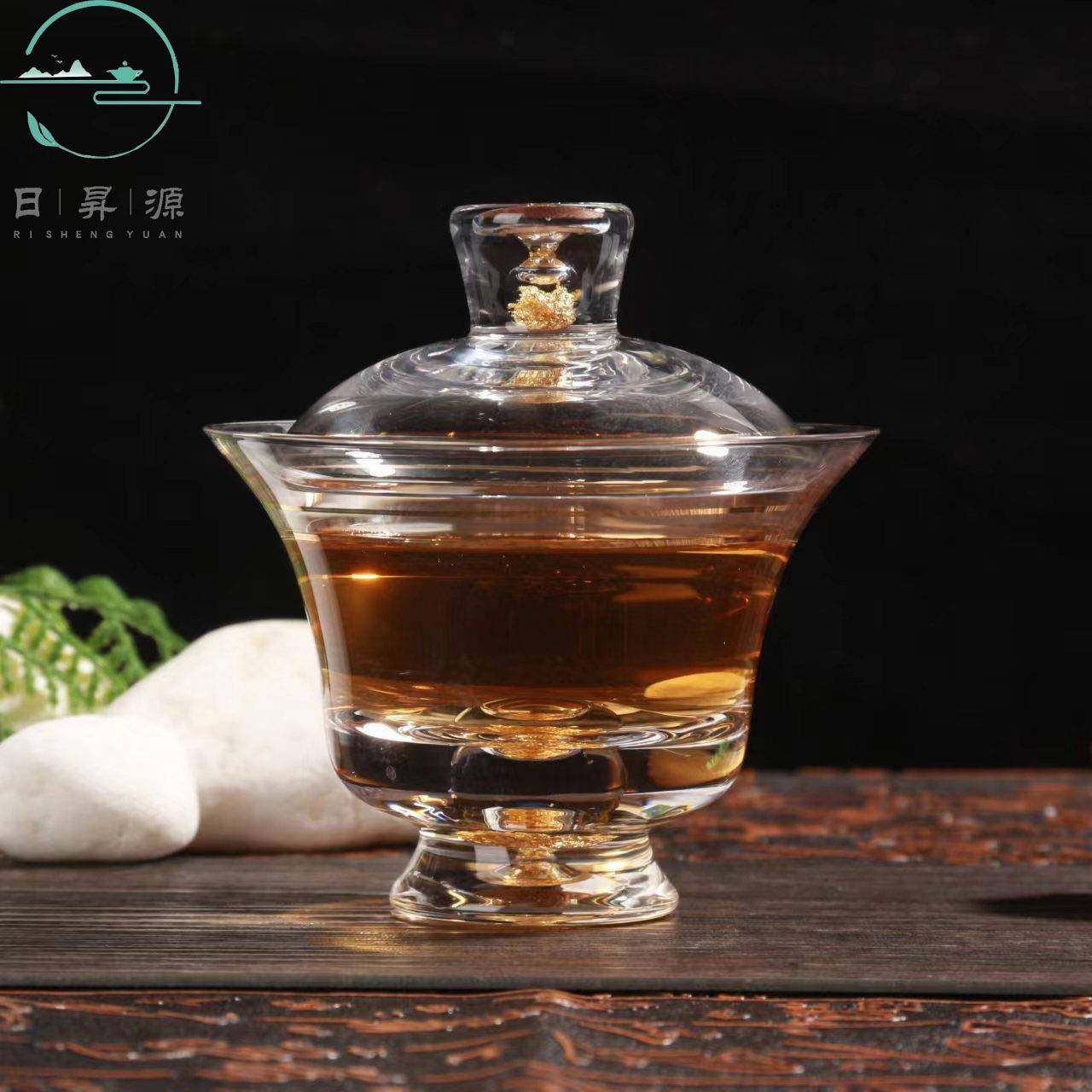 爆款水晶玻璃功夫茶具配件金箔三才盖碗茶杯单个手工大号带盖金箔