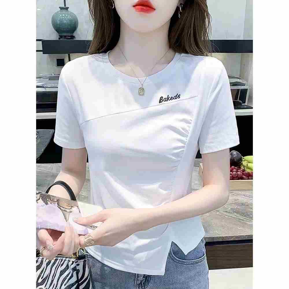 夏季新款不规则短袖t恤女设计感小众正肩修身显瘦圆领开叉上衣潮