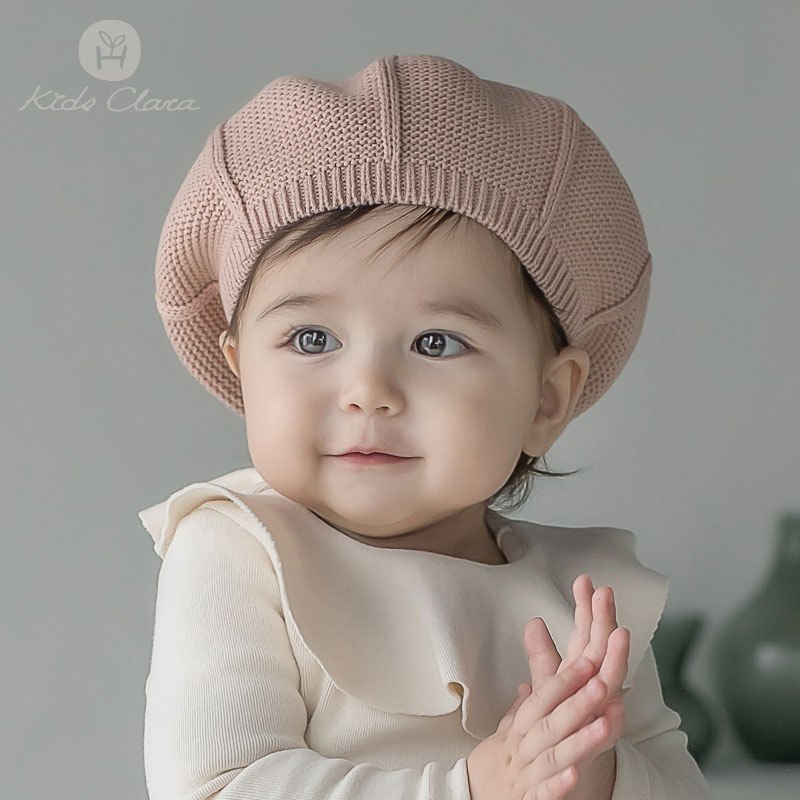 韩国进口宝宝帽子春秋可爱超萌女童洋气公主风针织贝雷帽婴儿帽