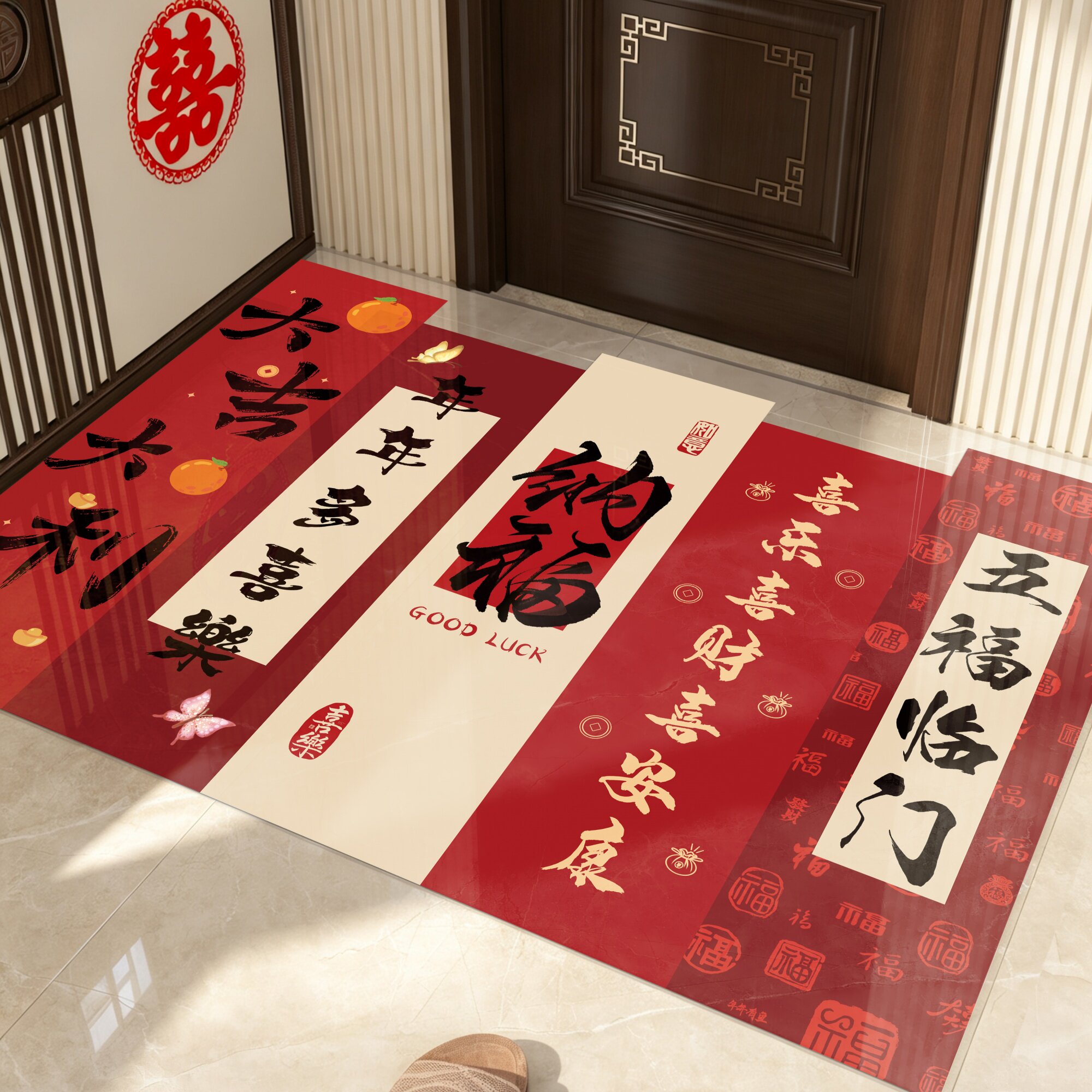 入户门地垫软玻璃透明防滑脚垫红色喜庆耐脏除尘地毯可裁剪门垫子图片