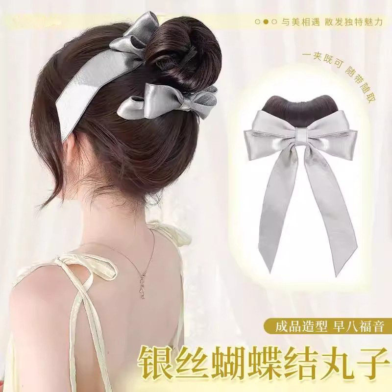 丸子头假发抓夹少女千金感丝带蝴蝶结花苞后脑勺发饰发夹假发发包图片