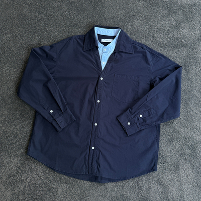 Land98Tic 普鲁士蓝假两件纯棉翻领衬衫长袖百搭廓形休闲衬衣外套