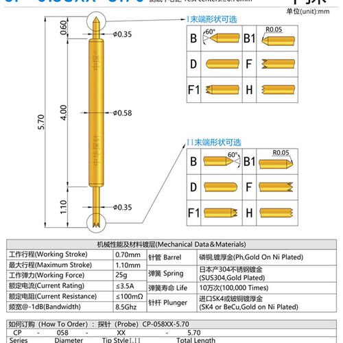 中探 BGA高频 双头探针 CP-0.58XX-5.70 DB405 硬料厚金
