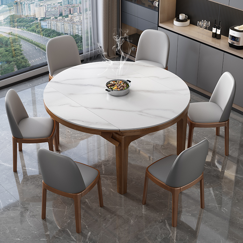 现代简约岩板餐桌椅组合轻奢家用小户型伸缩折叠可V变圆形实木饭