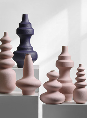 极速北欧艺术陶瓷螺纹花瓶摆件插花创意I简约客厅餐桌面家居装饰