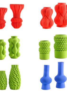 景德镇3D陶瓷中国红花瓶摆件现代C简约样板间客厅果绿蓝色花器装