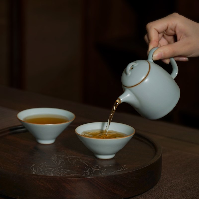 爆款汝窑箬笠杯主人杯单杯景德镇瓷器复J古汝瓷斗笠杯青瓷手工茶