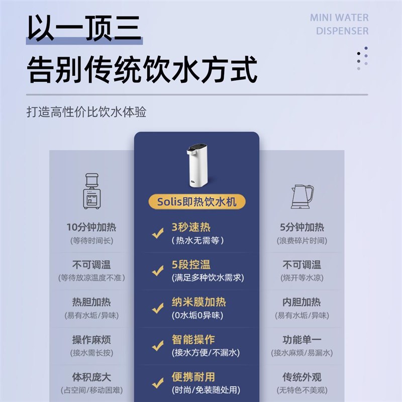 索利斯台式即热式饮水机迷你小型口袋旅K行热水机便携式速热开水