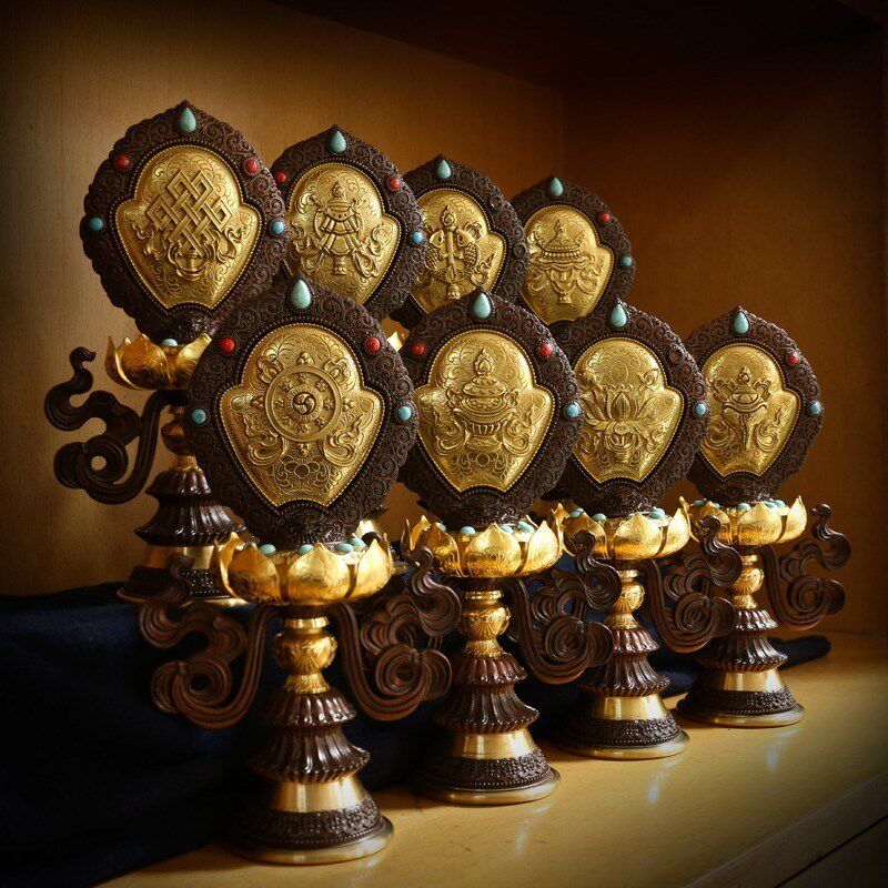 藏传密宗佛堂供品八吉祥摆件吉祥八宝铜加紫檀木高X脚底座镶宝石