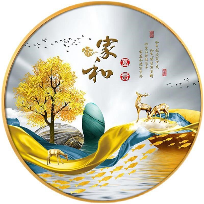 圆形玄关装饰画入户走廊过道镶钻晶瓷画客厅轻奢壁画餐Z厅麋鹿挂图片