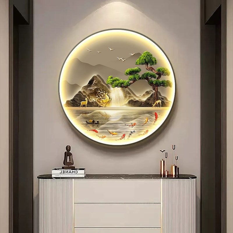 九鱼图圆形玄关装k饰画入户正对门聚财山水画走廊过道高级感带灯,家居饰品,现代装饰画,淘宝优惠券,粉丝福利购,淘宝优惠卷