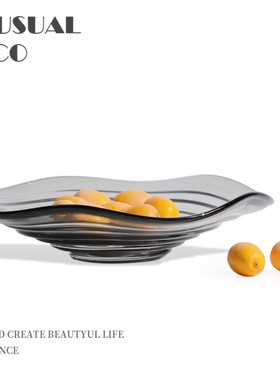 现代简约轻奢灰色玻璃波浪形果盘样板房K售楼处客厅餐厅茶几摆件