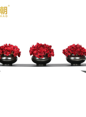 新中式红色仿真绣k球花艺组合摆件样板房间客厅售楼处吧台家居饰