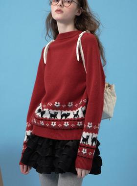 demi et demiLove actually 克什米尔费尔岛圣诞新年红黑双色毛衣