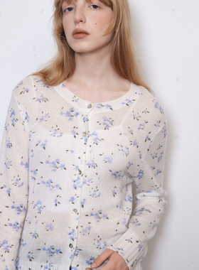 demi et demi Before Sunrise50%绵羊毛白色小碎花印花针织开衫