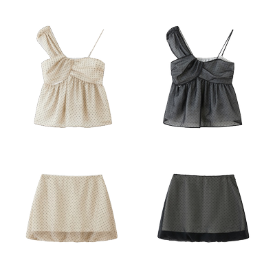 demi et demi“悠长假期”双色双层波点褶皱荷叶摆吊带上衣半裙