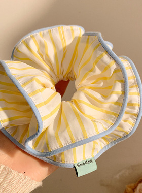 韩系黄色条纹大肠发圈女高级感超大丸子头皮筋头绳慵懒风发绳