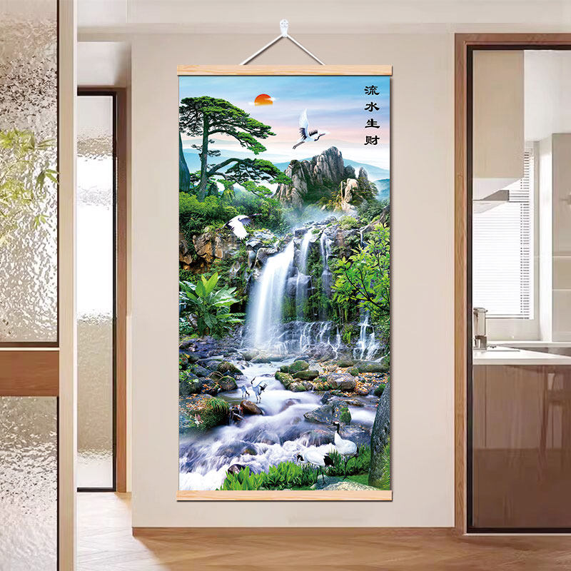 玄关入户竖版瀑布流水生财山水挂画聚宝盆客厅背景招财风水卷轴画