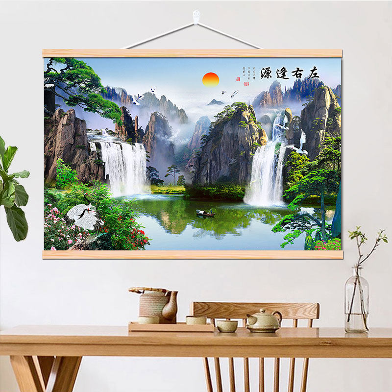 山水风景挂画流水生财布艺装饰画
