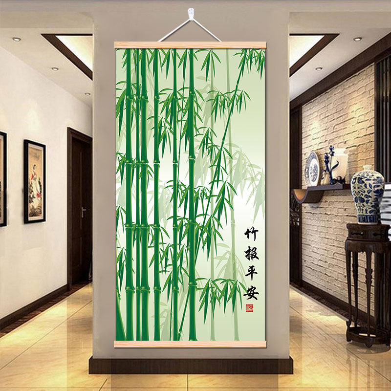 竹报平安九鱼图风景画玄关入户年年有鱼竹子装饰画免打孔布艺挂画图片