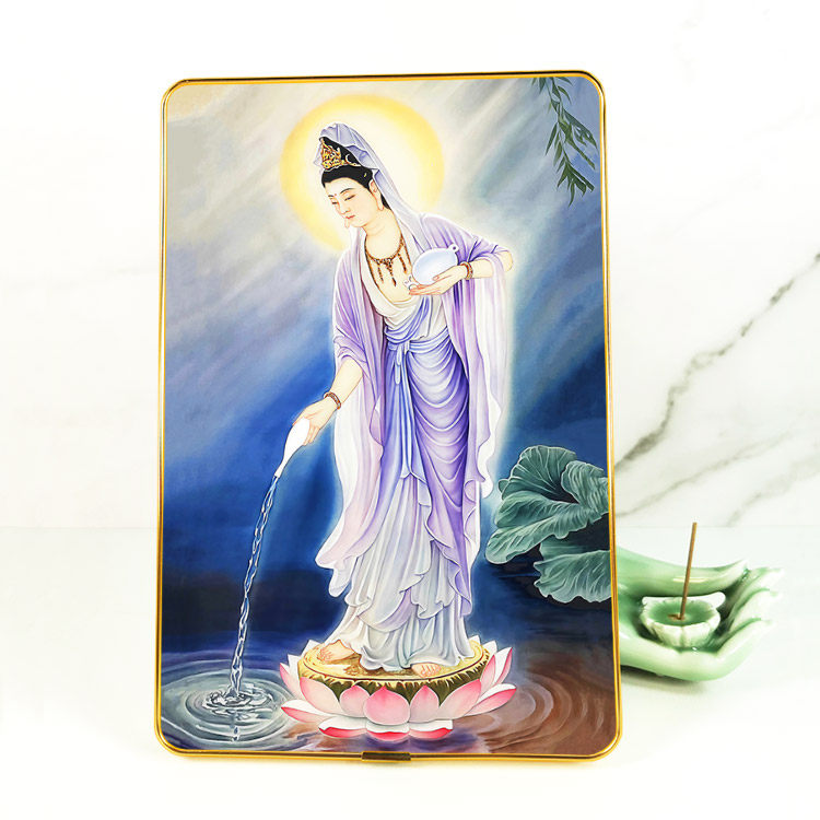 紫衣滴水观世音菩萨佛像画 桌面摆台相框画 佛龛摆件挂墙装饰画