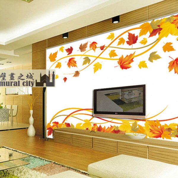 壁画墙纸叶酒店线条简约现代客厅天壁纸枫大型电视树沙发背景墙秋