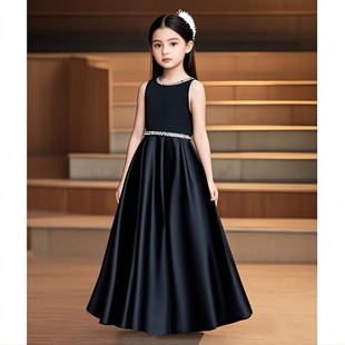 黑色缎面晚礼服小提琴演出服小主持人女童简约日常可穿生日礼服裙