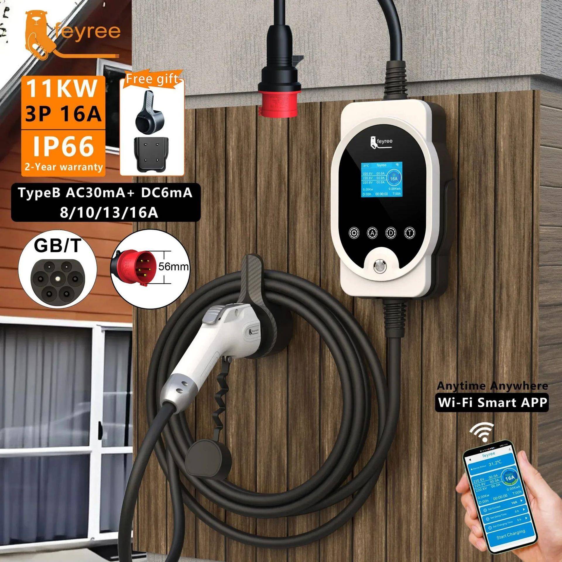 跨境国标枪头11KW随车充交流家用APP智能控制便携式户外新能源汽