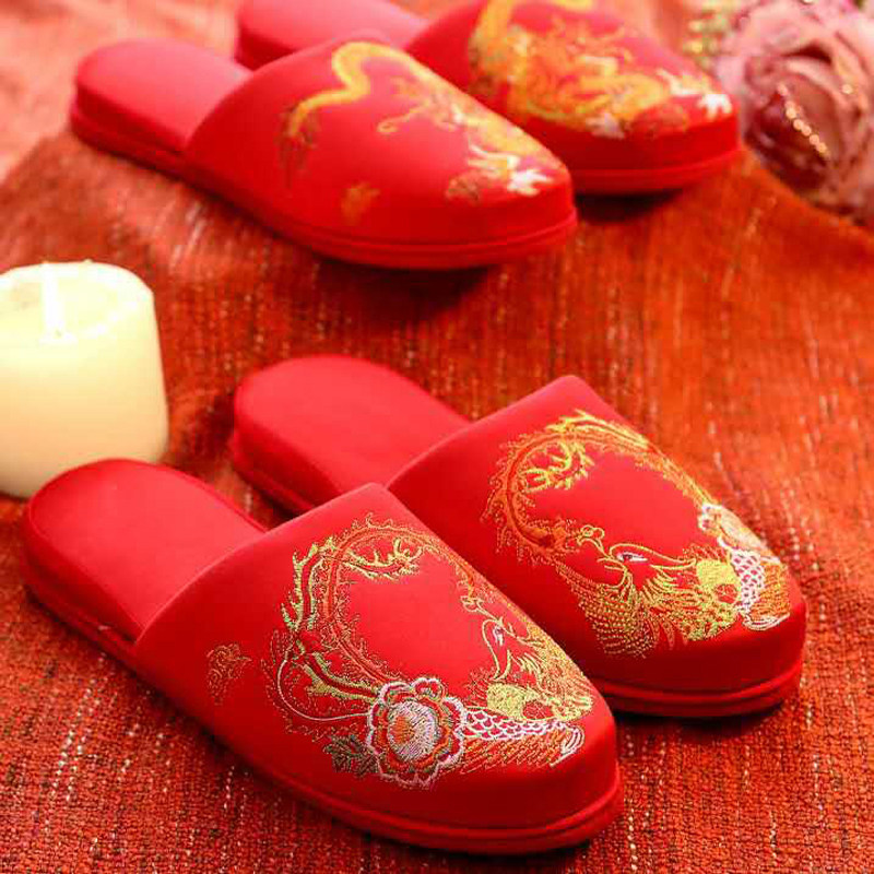 【清仓】结婚喜庆男款拖鞋一双居家红色刺绣龙凤防滑加厚