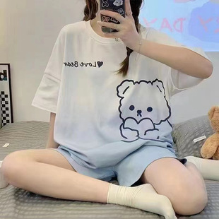 甜美可爱圆领宽松大码 睡衣女夏季 短裤 韩版 家居服两件套可外 短袖