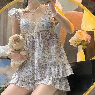 家居服外穿套装 带胸垫吊带睡衣女夏天公主风蕾丝花边V领碎花短裤