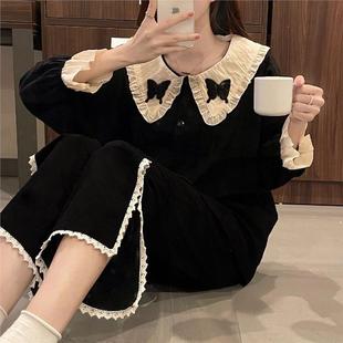 可外穿 简约蝴蝶长袖 睡衣女休闲春夏2025新款 黑色家居服长裤 套装