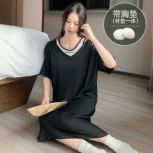 假两件背心拼色短袖 带胸垫睡裙女夏季 家居服可外穿防走光纯棉