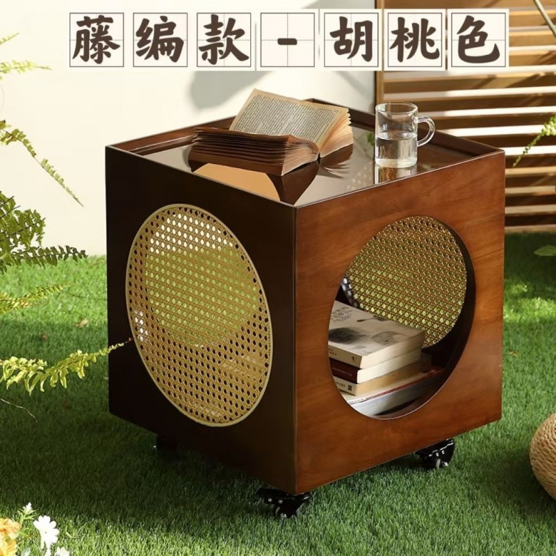 复古风客厅可移动茶桌简约推车沙发茶几床头柜实木藤编小边几